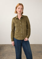 Front view of olive suede shirt with button front and chest pockets by French Dressing Jeans (FDJ)