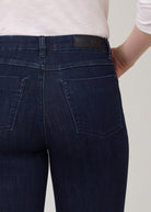 Detail of back pocket and stitching on flared Delight jeans by French Dressing Jeans (FDJ)