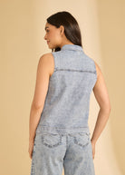 Back view of sleeveless top in powder wash denim showing shoulder and back design by French Dressing Jeans (FDJ)