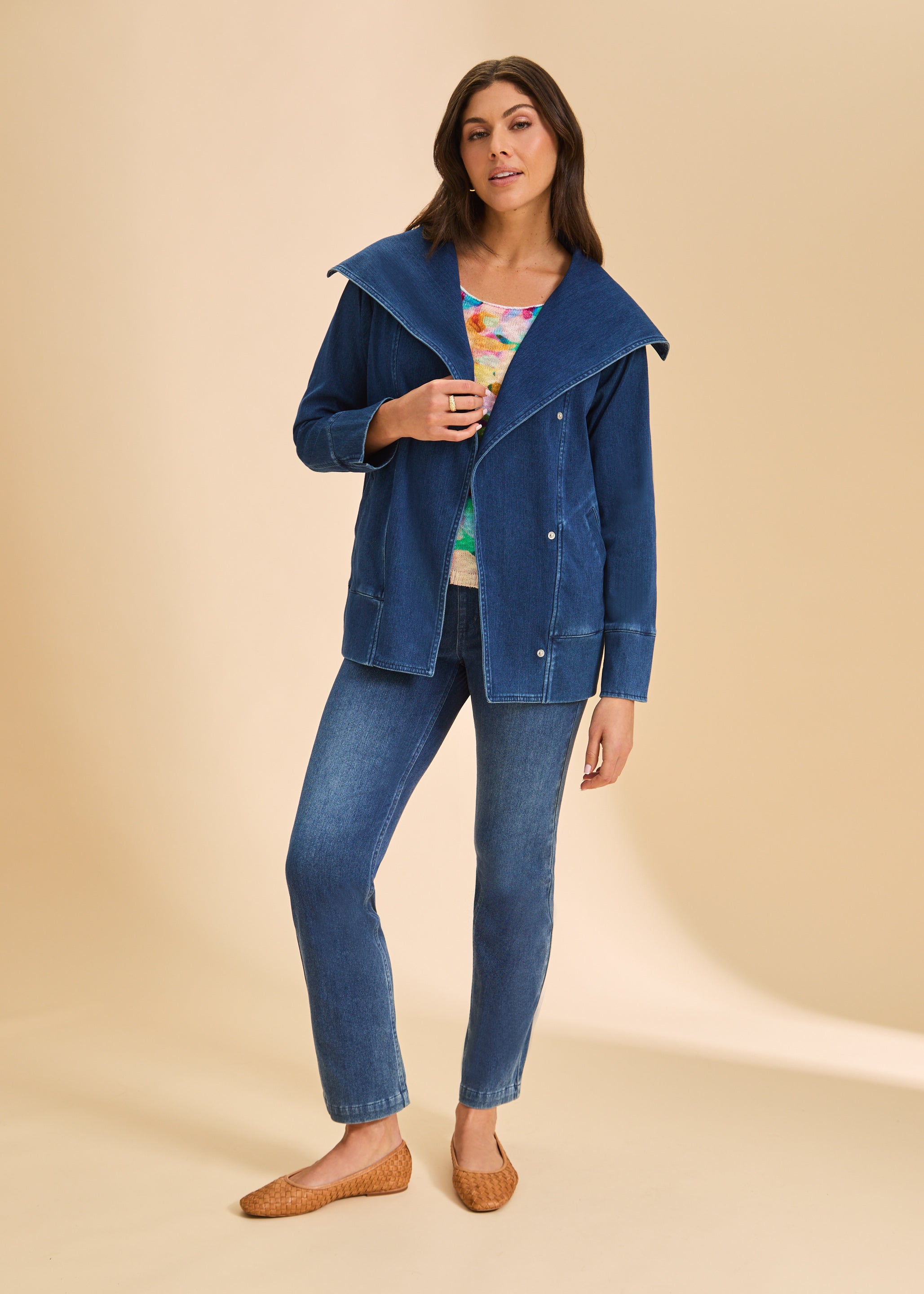 Full view of blue denim jacket paired with jeans, showcasing casual style by French Dressing Jeans (FDJ)