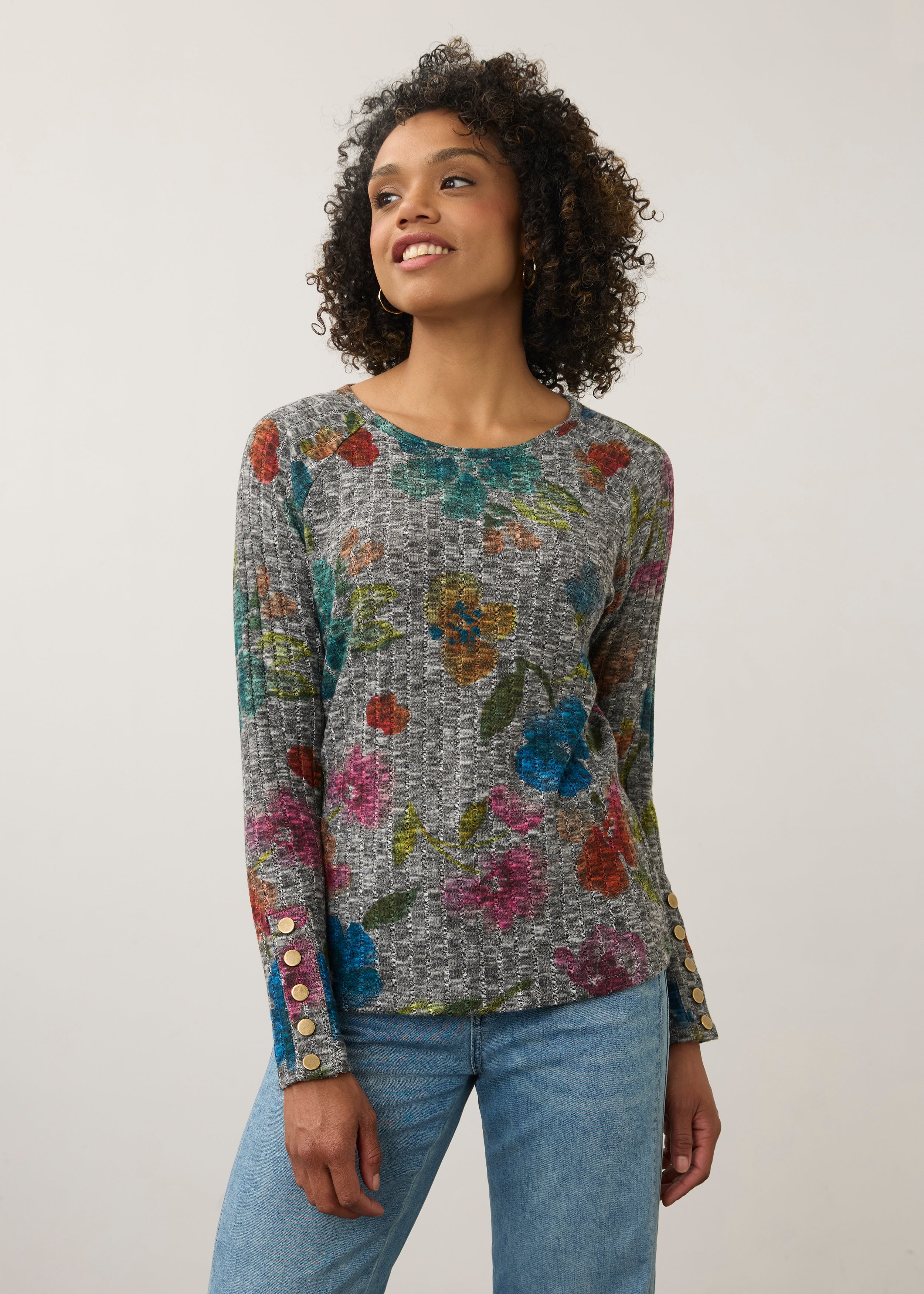 Front view of colorful floral top with buttoned sleeves, casual and vibrant style by French Dressing Jeans (FDJ)