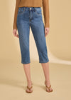 Front view of darker indigo blue cropped jeans with mid-rise fit by French Dressing Jeans (FDJ)