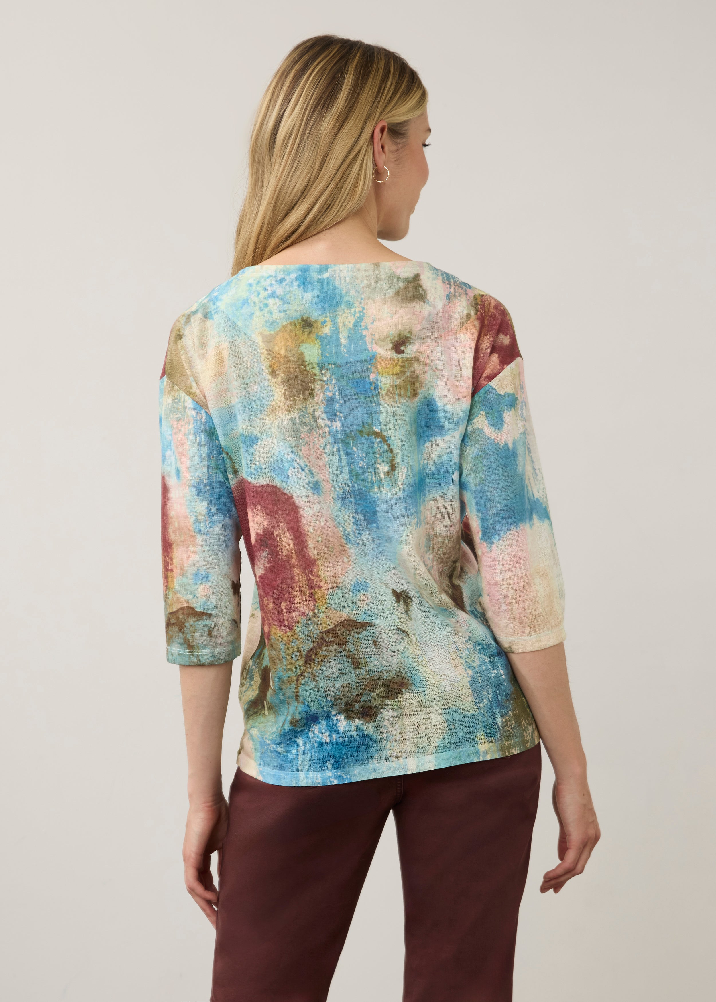 Back view of vibrant pastel Henley top featuring abstract pattern and 3/4 sleeves by French Dressing Jeans (FDJ)