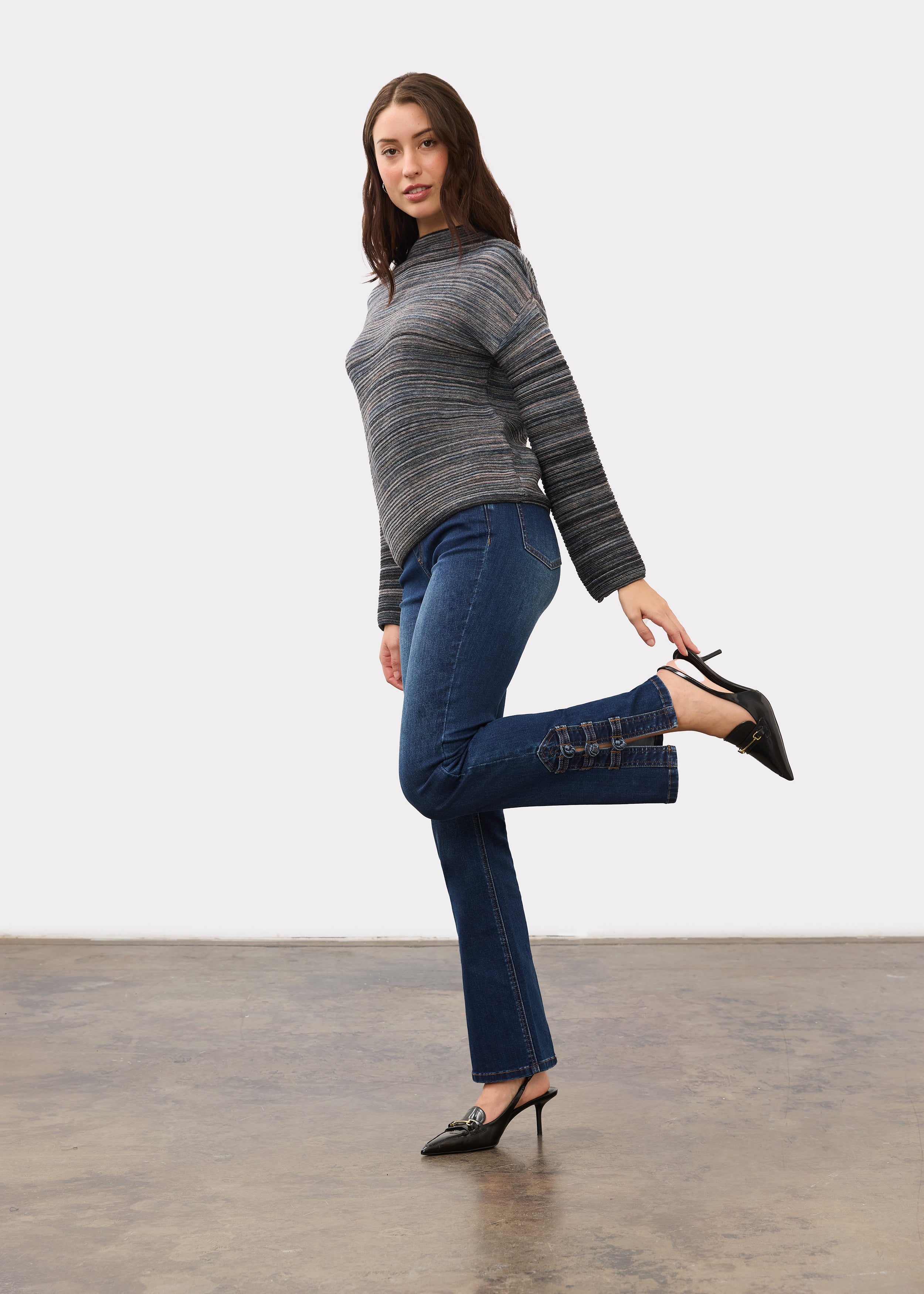 Full body view of multicolored striped sweater with brown pants by French Dressing Jeans (FDJ)