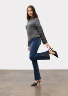 Full body view of multicolored striped sweater with brown pants by French Dressing Jeans (FDJ)