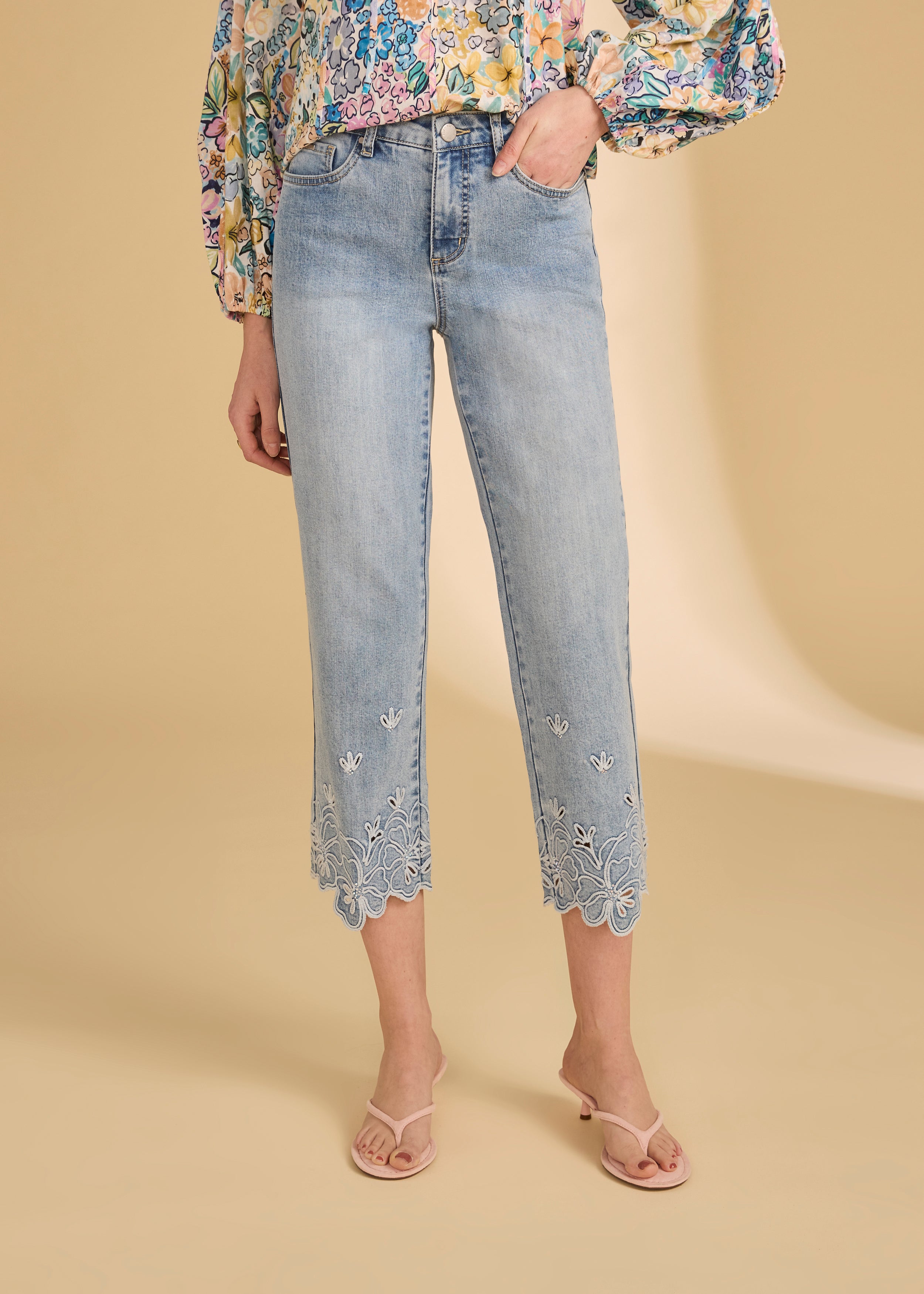 Front view of ocean denim jeans with floral hem embroidery by French Dressing Jeans (FDJ)