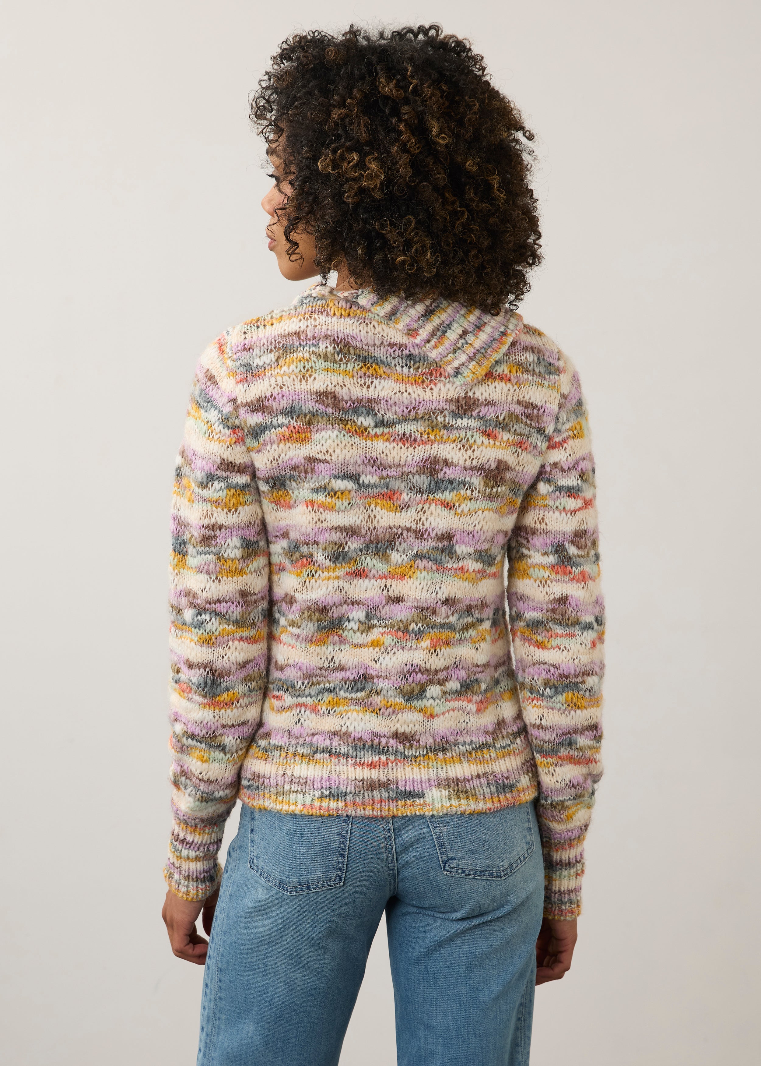 Back view of pastel cowl neck sweater, emphasizing the knit pattern by French Dressing Jeans (FDJ)