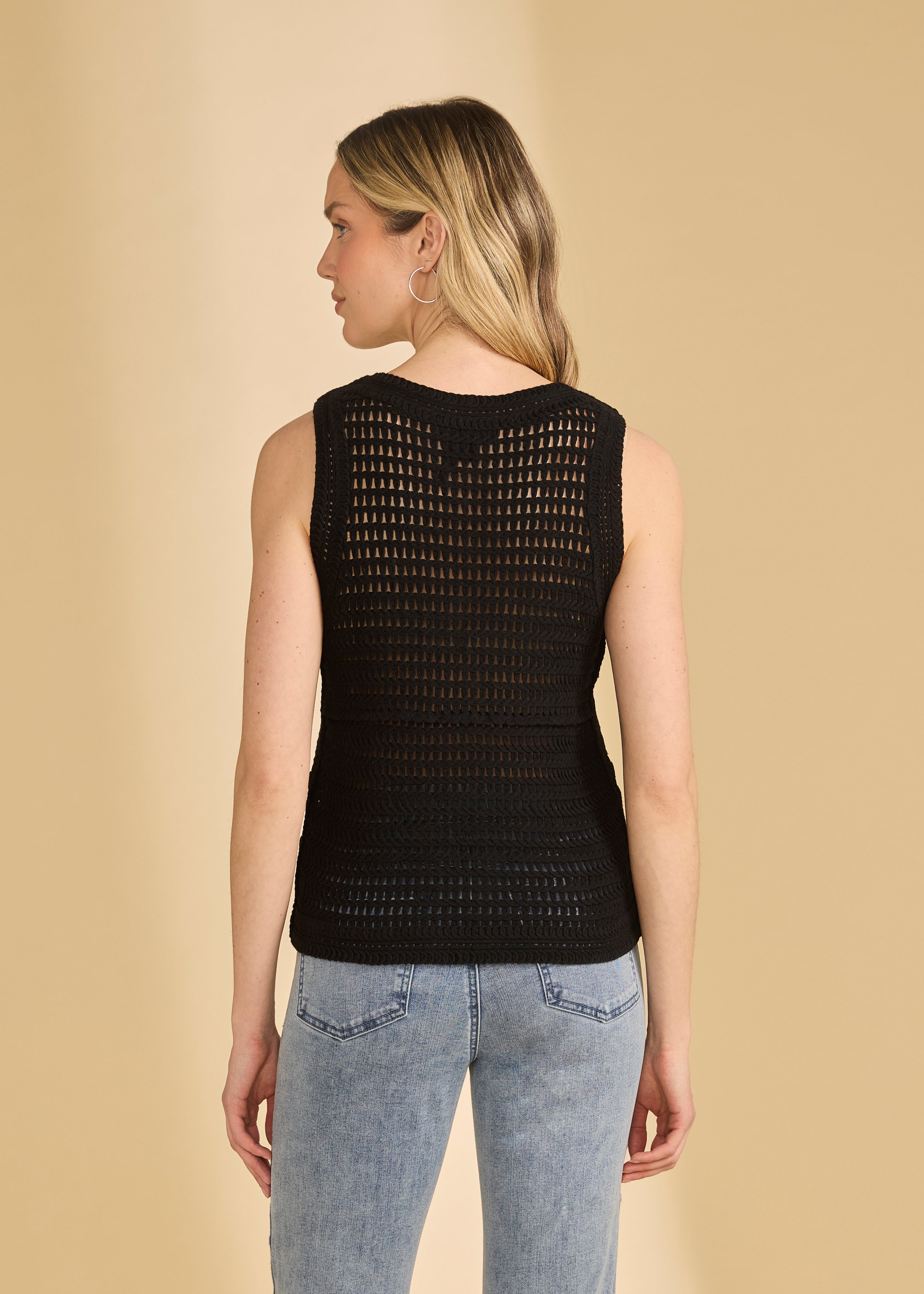 Back view of black crochet tank showing open knit detailing by French Dressing Jeans (FDJ)