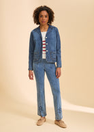 Full body view of denim blazer jacket with mid-rise jeans and casual shoes by French Dressing Jeans (FDJ)