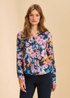 Front view of navy floral shirt with split neck and button front by French Dressing Jeans (FDJ)