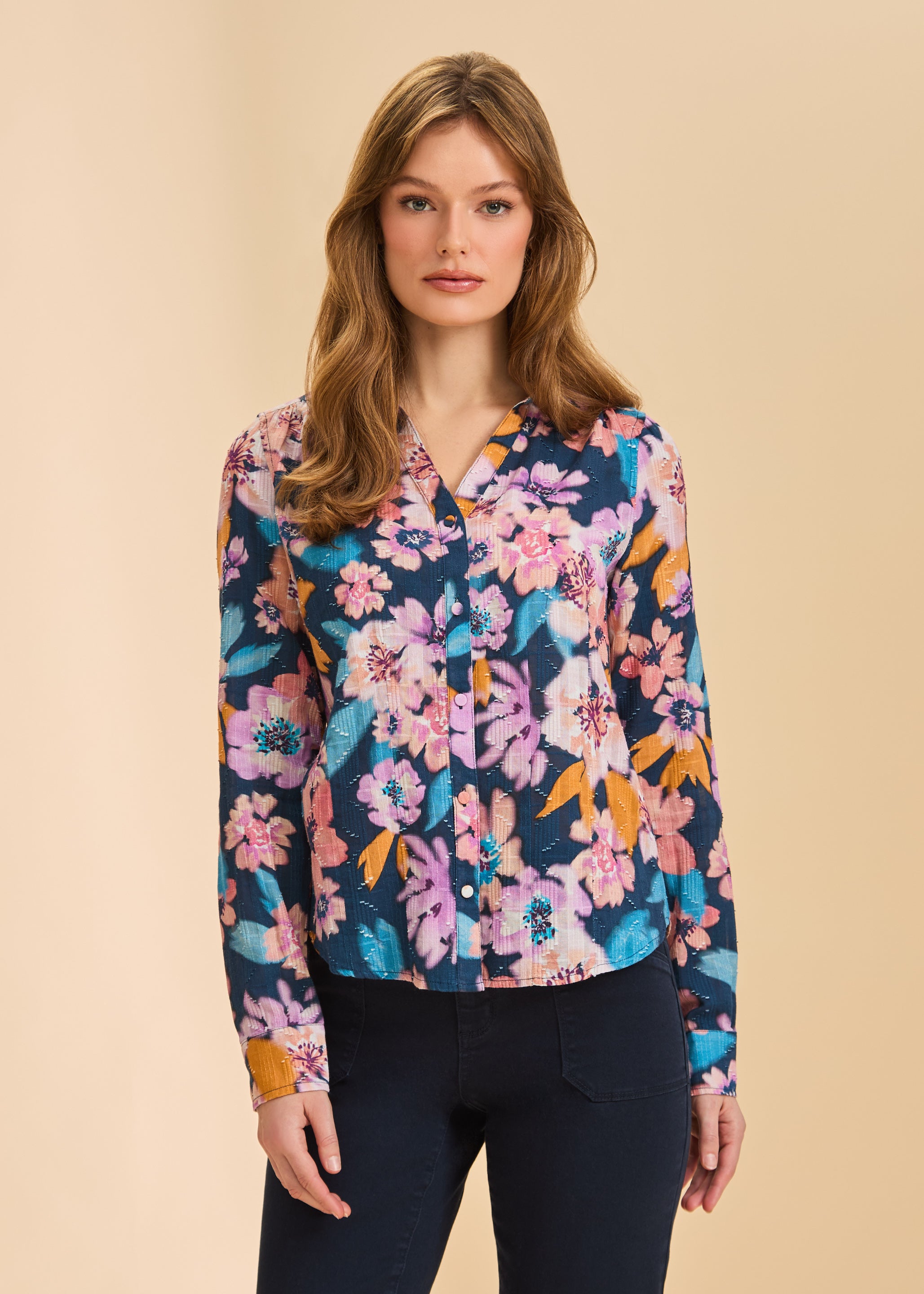 Front view of navy floral shirt with split neck and button front by French Dressing Jeans (FDJ)