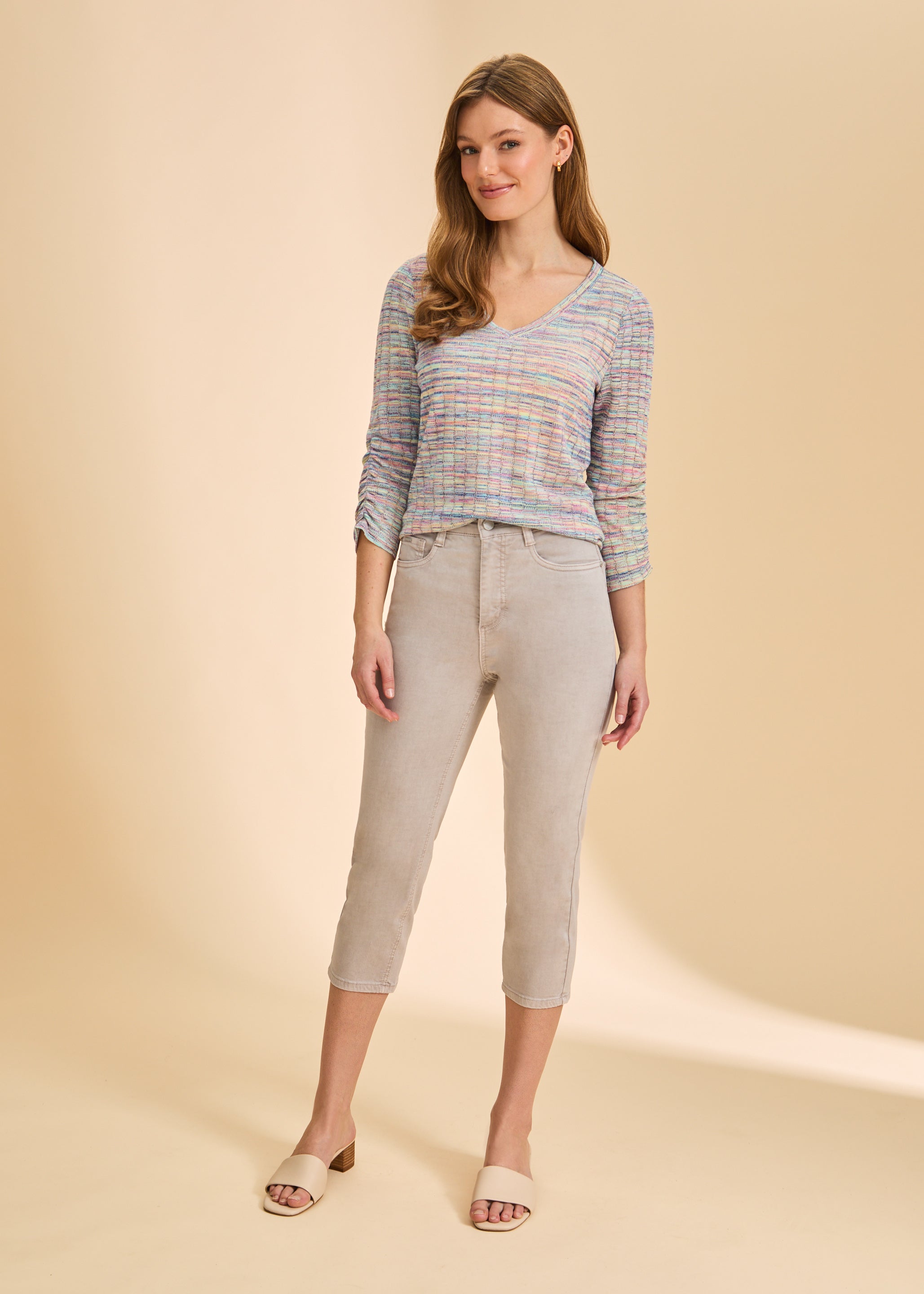 Front view of taupe cropped jeans, styled with colorful top by French Dressing Jeans (FDJ)