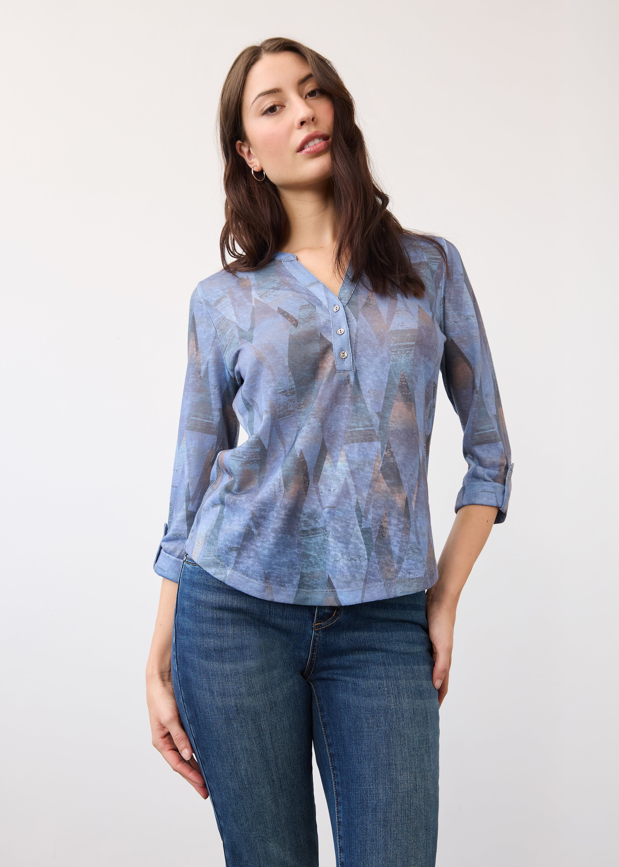 Front view of 3/4 sleeve indigo Henley top with geometric print and V-neck detail by French Dressing Jeans (FDJ)