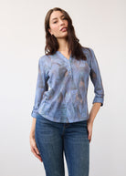 Front view of 3/4 sleeve indigo Henley top with geometric print and V-neck detail by French Dressing Jeans (FDJ)