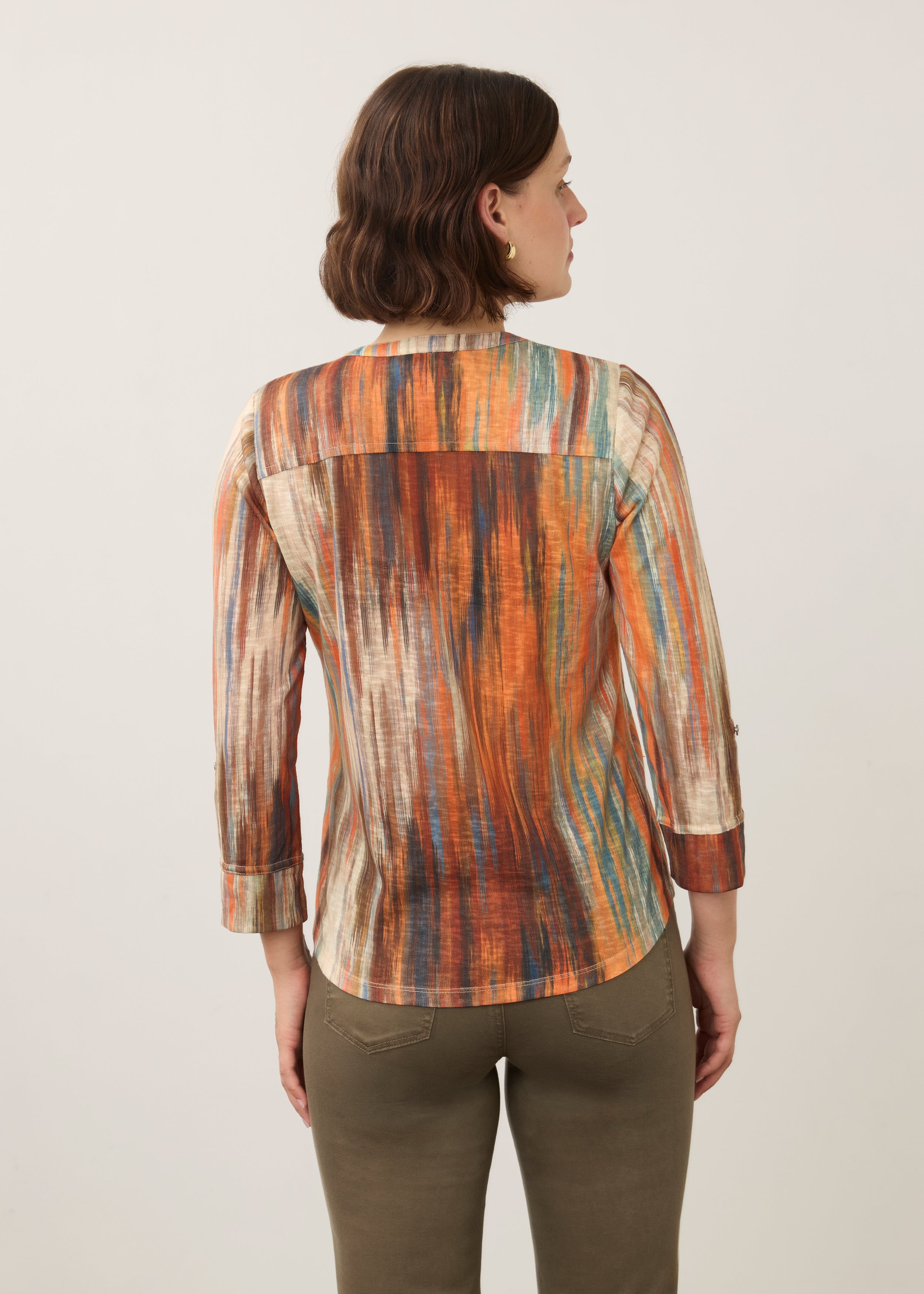 Back view of Heat-colored Henley top showing vibrant pattern and 3/4 sleeves with button detail by French Dressing Jeans (FDJ)