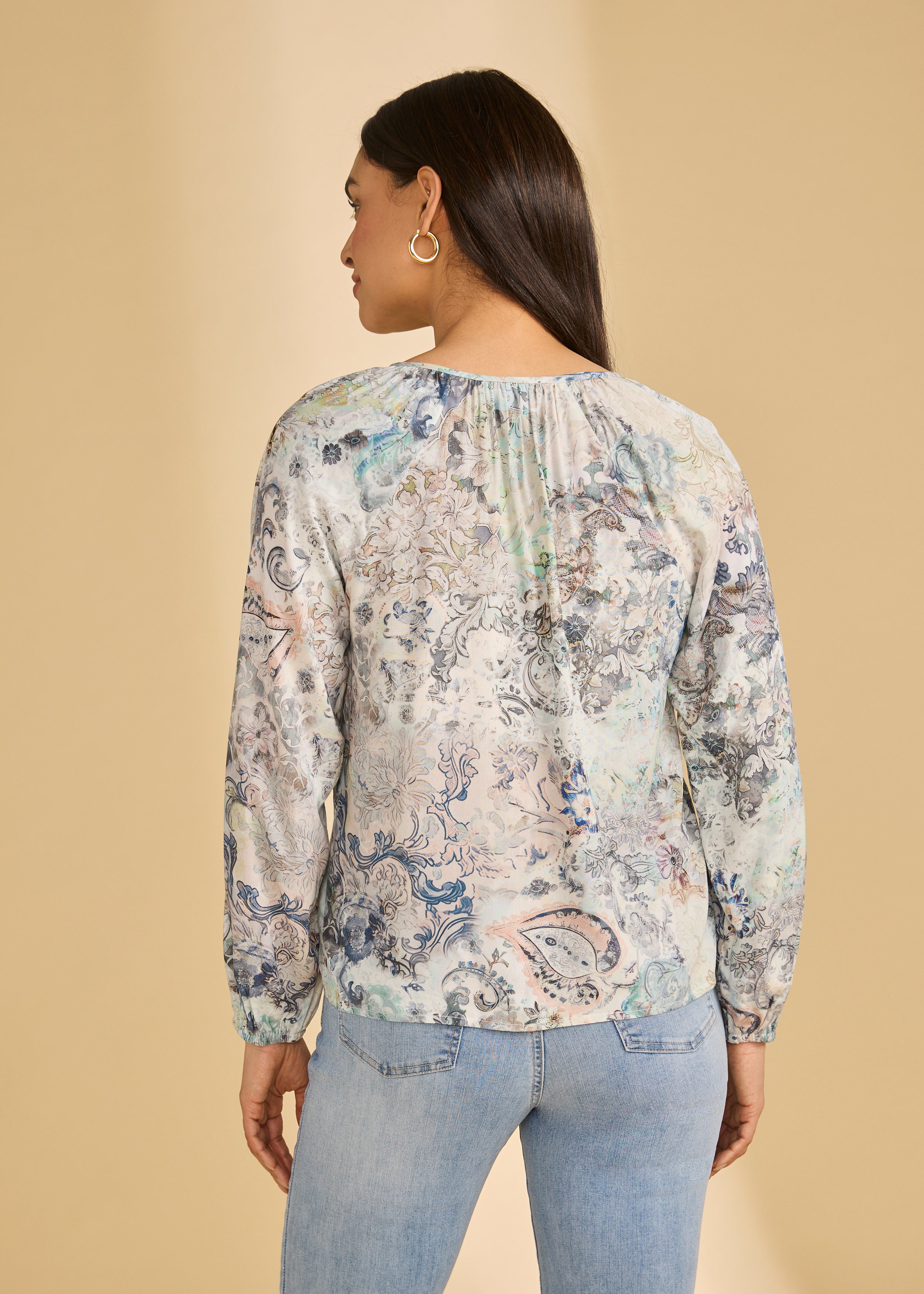 Back view of Neutral Narnia printed shirt highlighting flowing fabric and design by French Dressing Jeans (FDJ)
