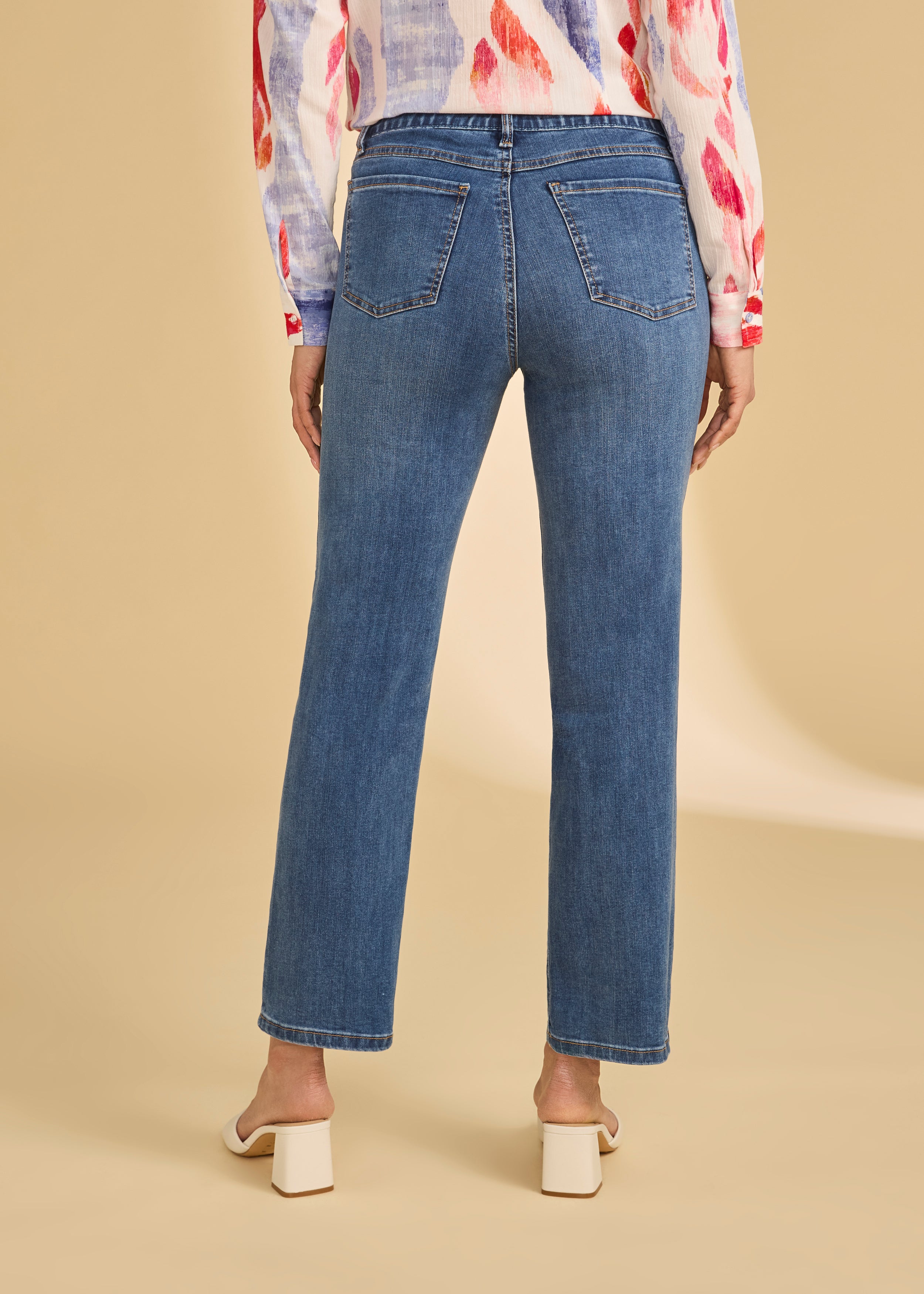 Back view of dark wash pull-on ankle jeans featuring patch pockets and straight leg by French Dressing Jeans (FDJ)