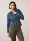 Front view of medium blue utility jacket with structured seams and flap pockets by French Dressing Jeans (FDJ) par French Dressing Jeans (FDJ)