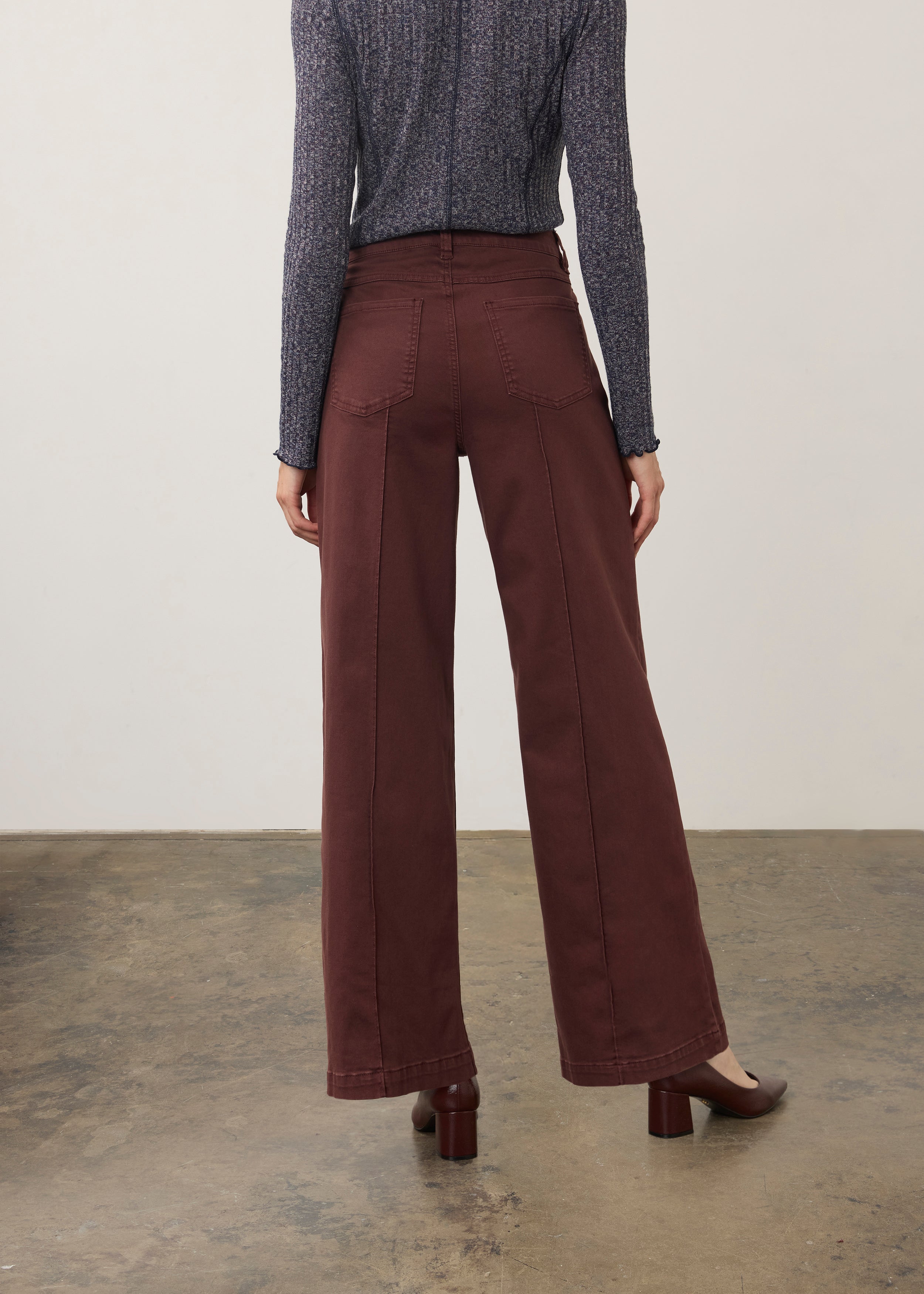 Back view of burgundy wide-leg denim showcasing patch pockets by French Dressing Jeans (FDJ) par French Dressing Jeans (FDJ)
