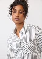 Close-up of black striped shirt highlighting collar and pocket details by French Dressing Jeans (FDJ)