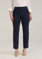 Front view of navy Ponte pull-on straight ankle pants with mid-rise waist by French Dressing Jeans (FDJ)