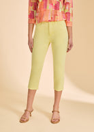 Close-up front view of yellow cropped jeans, showcasing sleek fit by French Dressing Jeans (FDJ)