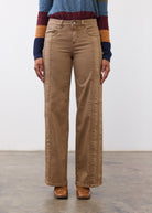 Front view of women's maple wide leg denim showcasing mid-rise waist and front patch pockets by French Dressing Jeans (FDJ)
