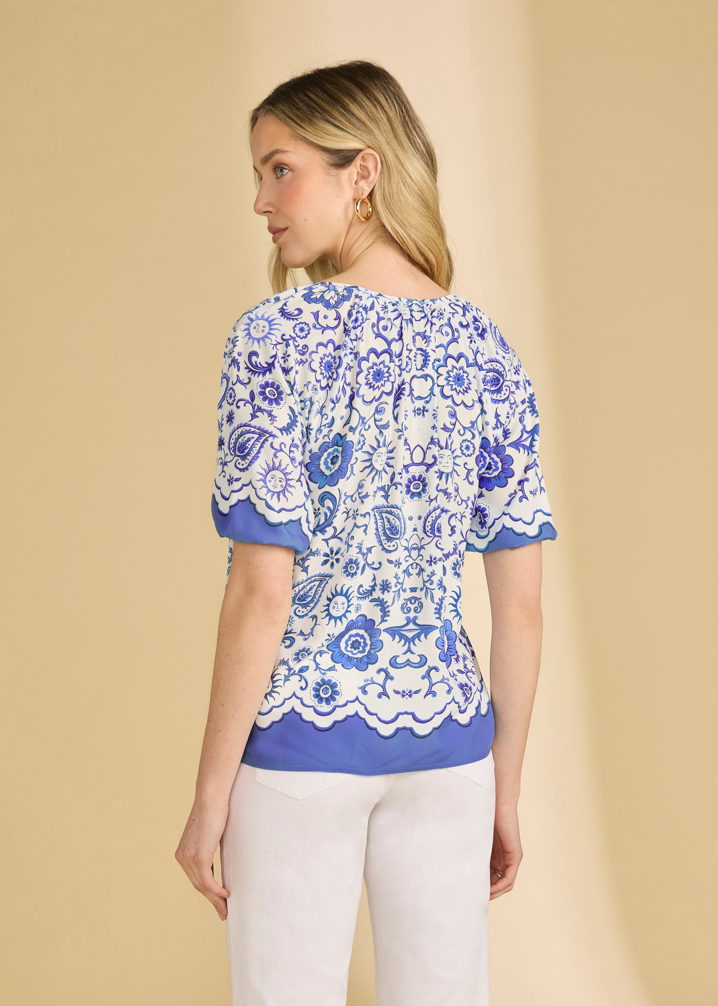 Back view of Sundial printed shirt highlighting detailed floral pattern by French Dressing Jeans (FDJ)