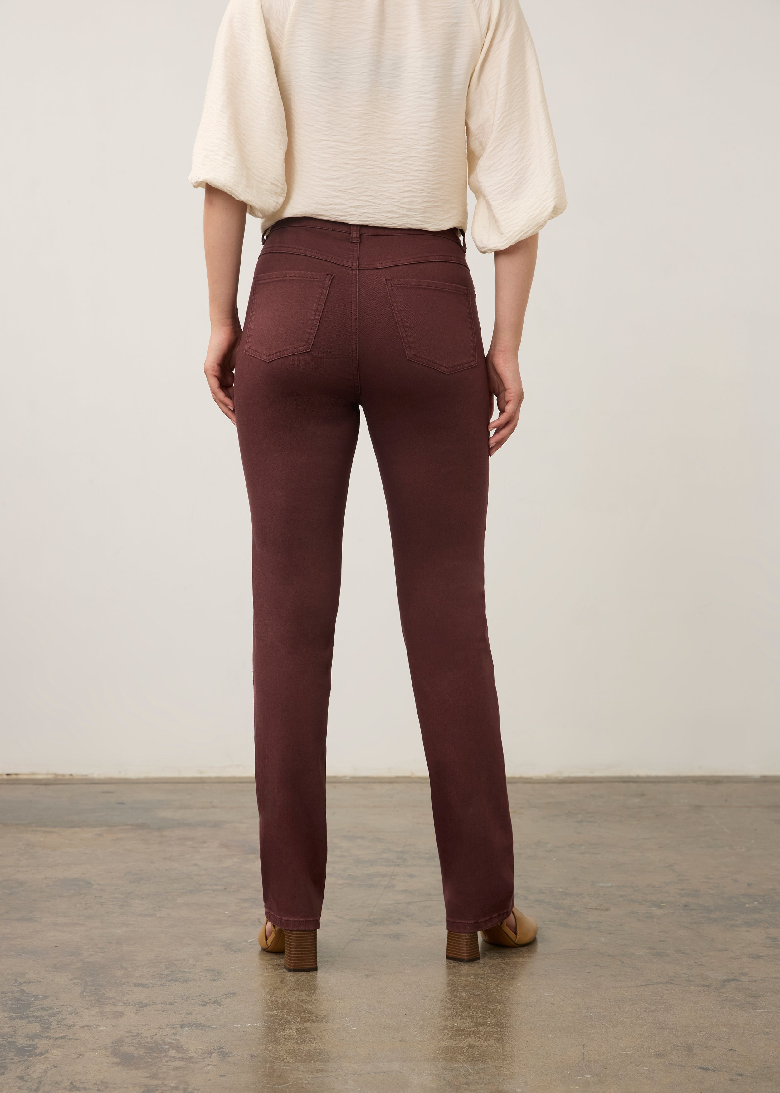 Back view of burgundy straight ankle denim highlighting patch pockets by French Dressing Jeans (FDJ) par French Dressing Jeans (FDJ)