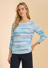 Front view of blue striped top with round neckline and ruched sleeves by French Dressing Jeans (FDJ)