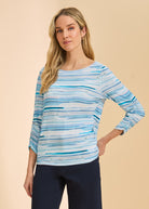 Front view of blue striped top with round neckline and ruched sleeves by French Dressing Jeans (FDJ)