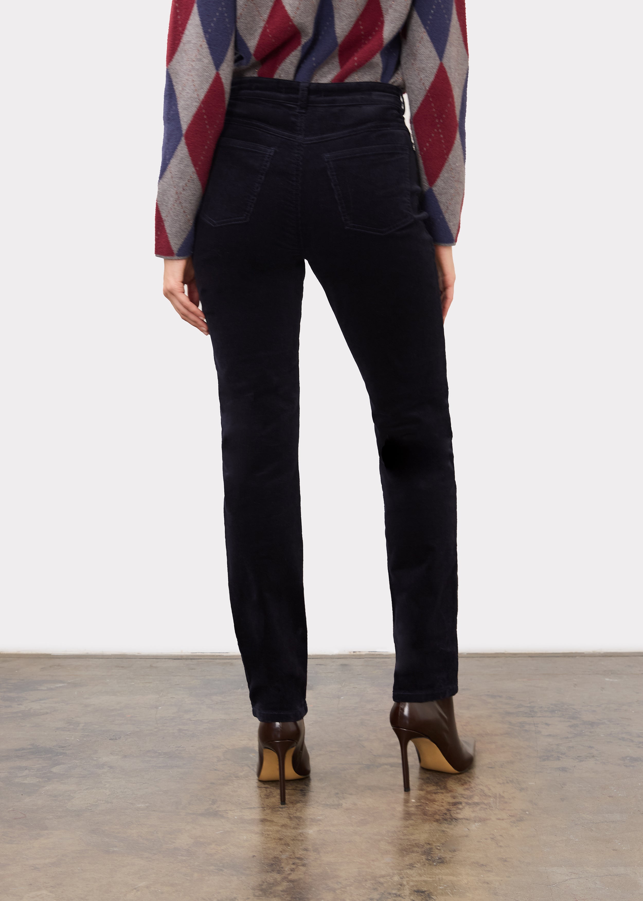Back view of blueberry Suzanne straight leg pant highlighting back patch pockets and straight fit by French Dressing Jeans (FDJ)