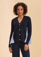 Front view of navy cardigan with gold buttons and striped side panels by French Dressing Jeans (FDJ)