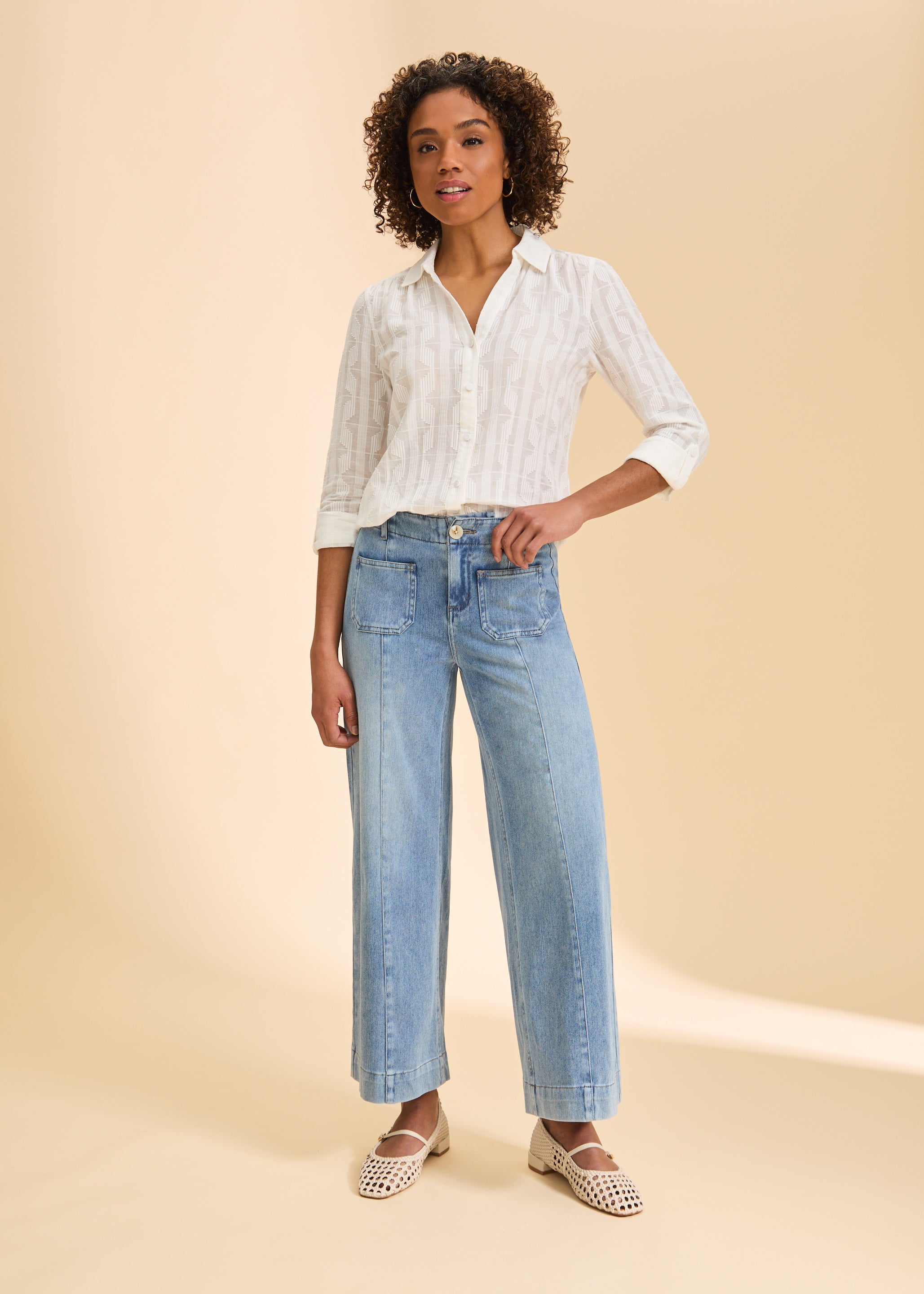 White blouse with light blue wide-leg jeans, full view by French Dressing Jeans (FDJ)