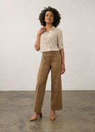 Full view of camel wide-leg denim styled with striped blouse by French Dressing Jeans (FDJ) par French Dressing Jeans (FDJ)