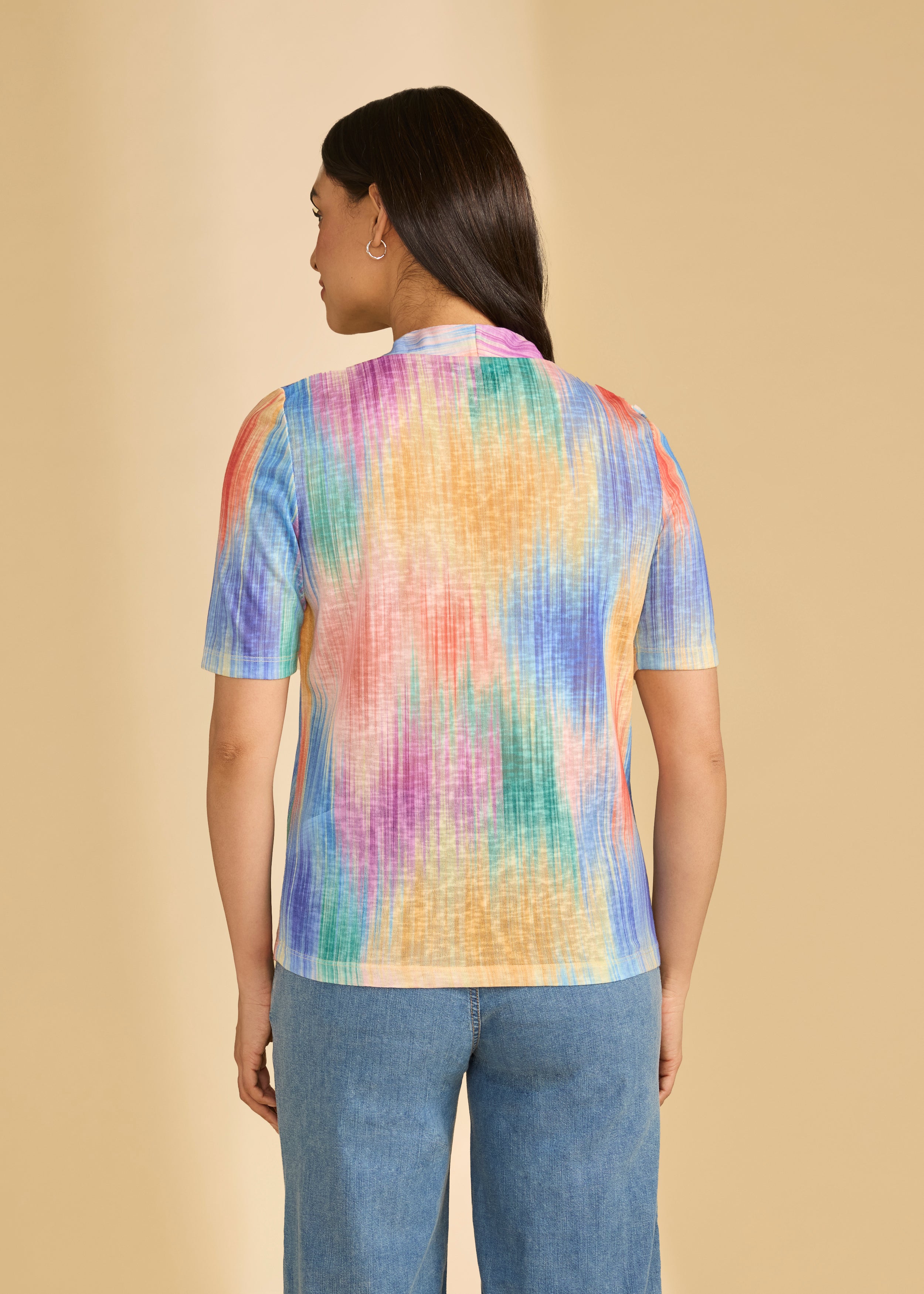 Back view of Tropical Ikat top showing colorful pattern and elbow-length sleeves by French Dressing Jeans (FDJ)