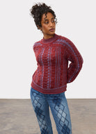 Side profile of maroon cabled sweater showing shoulder and sleeve design by French Dressing Jeans (FDJ)