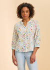 Front view of floral print blouse with button-up design by French Dressing Jeans (FDJ)