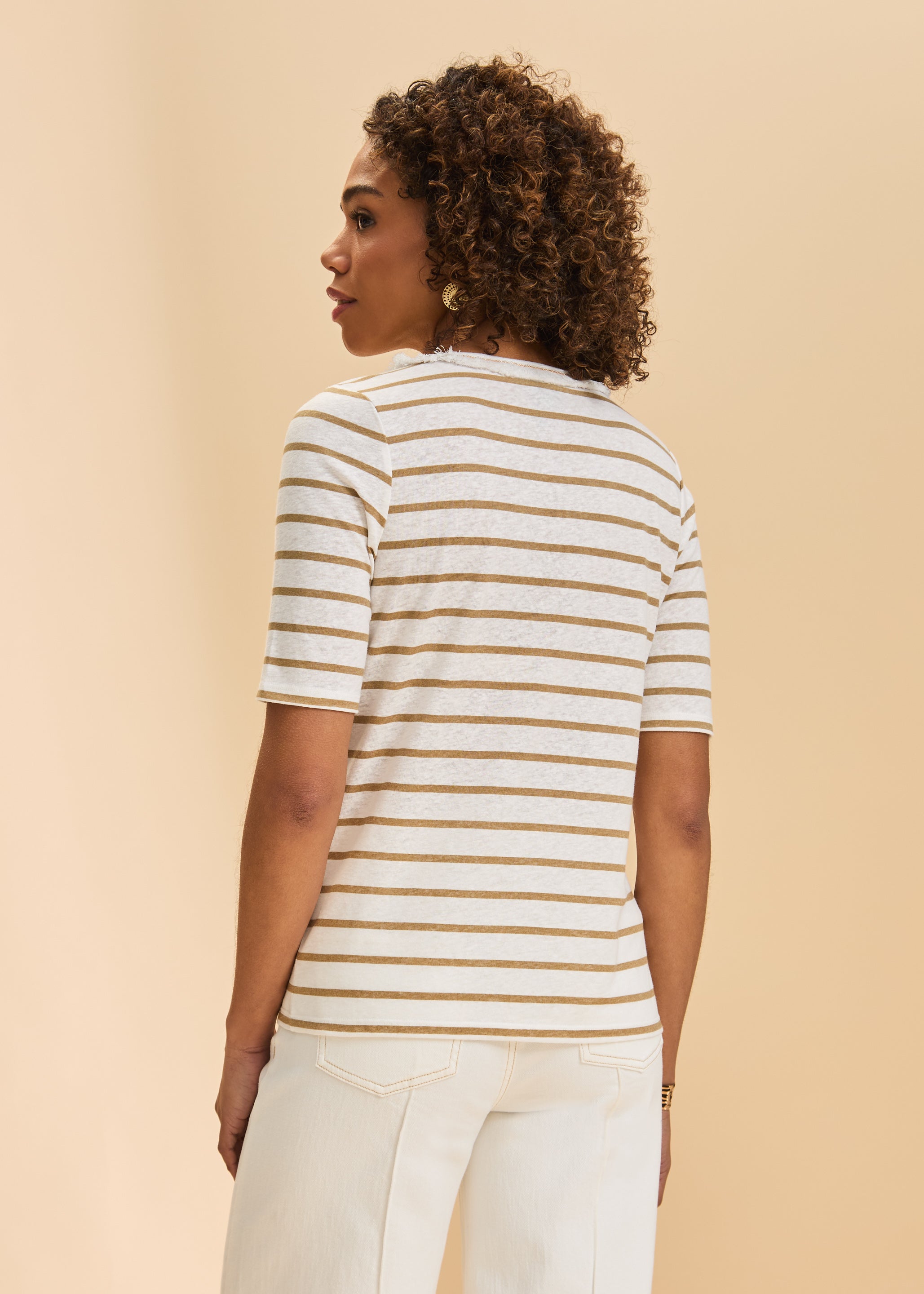 Back view of beige striped V-neck top displaying relaxed fit by French Dressing Jeans (FDJ)