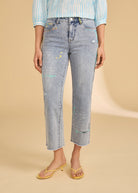 Front view of embroidered ocean denim jeans with colorful stitching by French Dressing Jeans (FDJ)