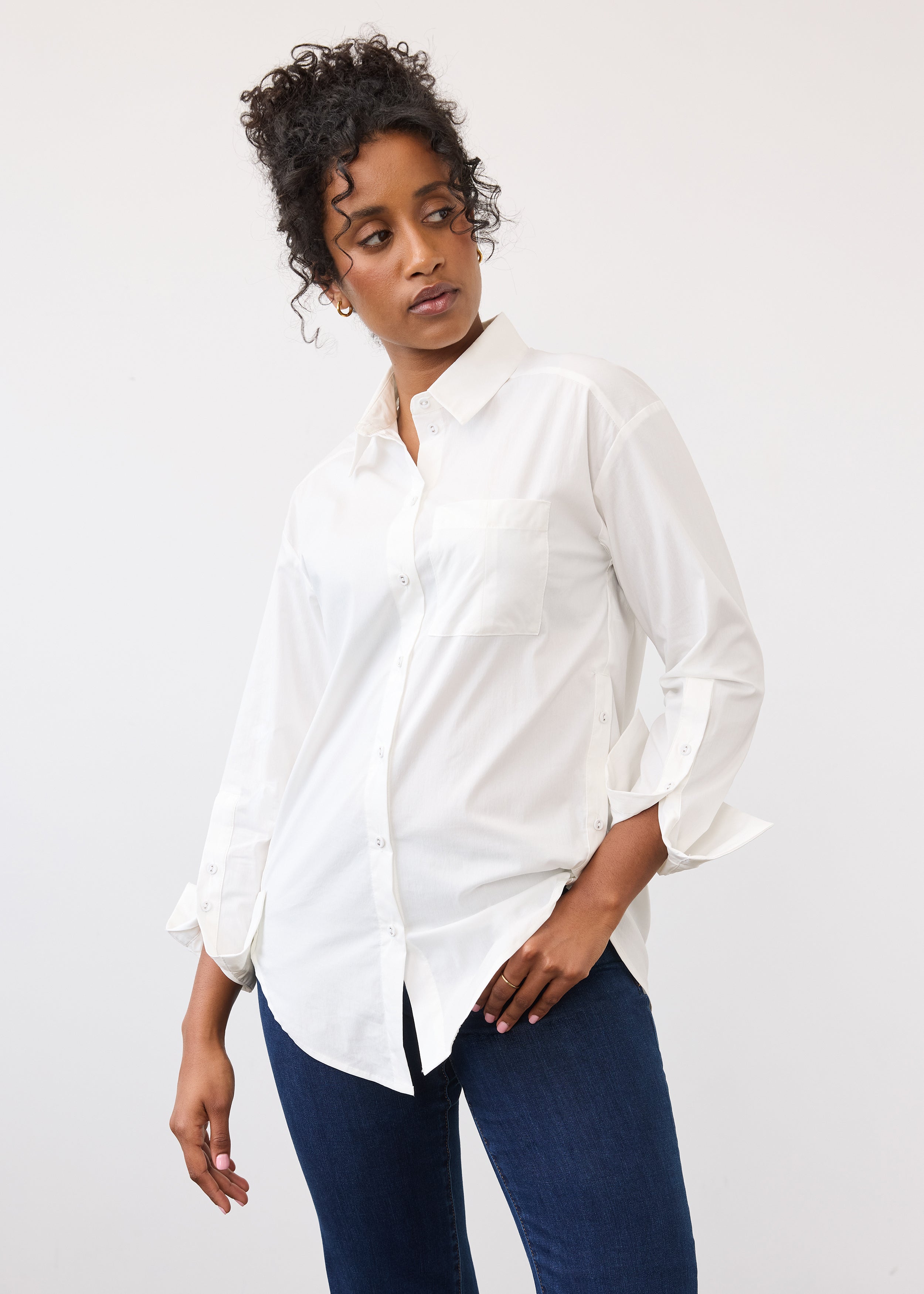 Front view of white long sleeve shirt with patch pocket and buttons by French Dressing Jeans (FDJ)