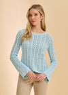 Front view of Pacific Blue sweater with lace pattern and long sleeves by French Dressing Jeans (FDJ)