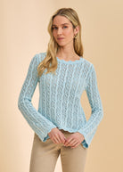 Front view of Pacific Blue sweater with lace pattern and long sleeves by French Dressing Jeans (FDJ)