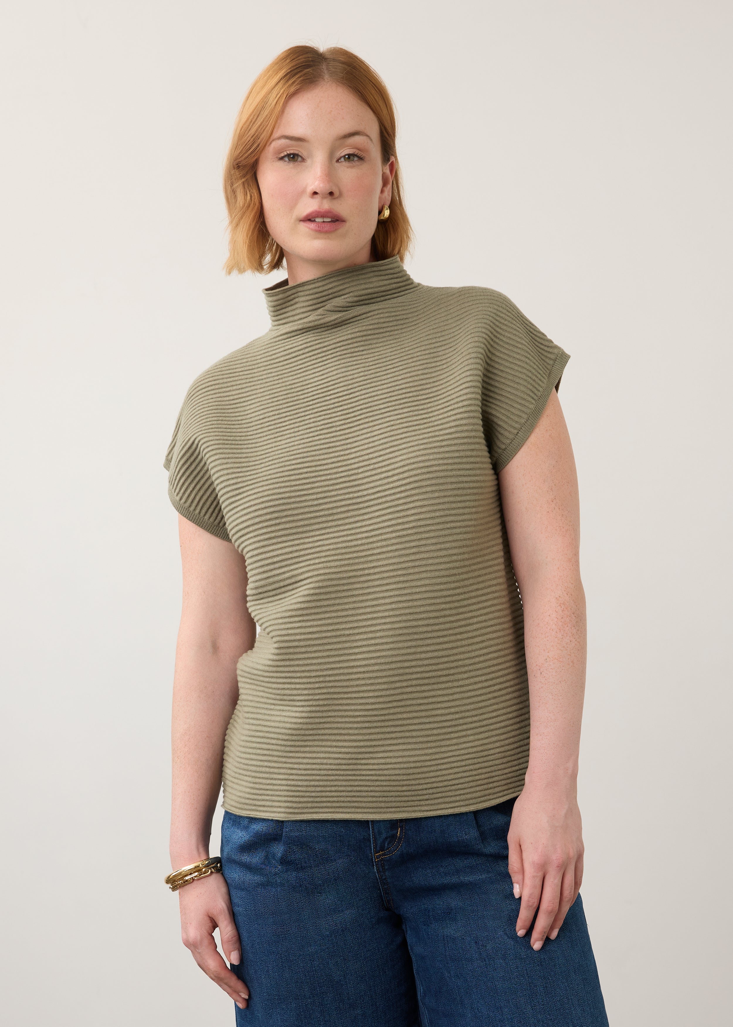 Front view of olive green short sleeve top with ribbed texture and high collar by French Dressing Jeans (FDJ)