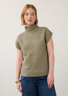 Front view of olive green short sleeve top with ribbed texture and high collar by French Dressing Jeans (FDJ)
