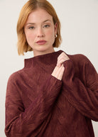 Close-up of burgundy patterned top with high collar detail by French Dressing Jeans (FDJ)
