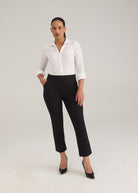 Full outfit with black Ponte pull-on pants highlighting comfort fit and style by French Dressing Jeans (FDJ)