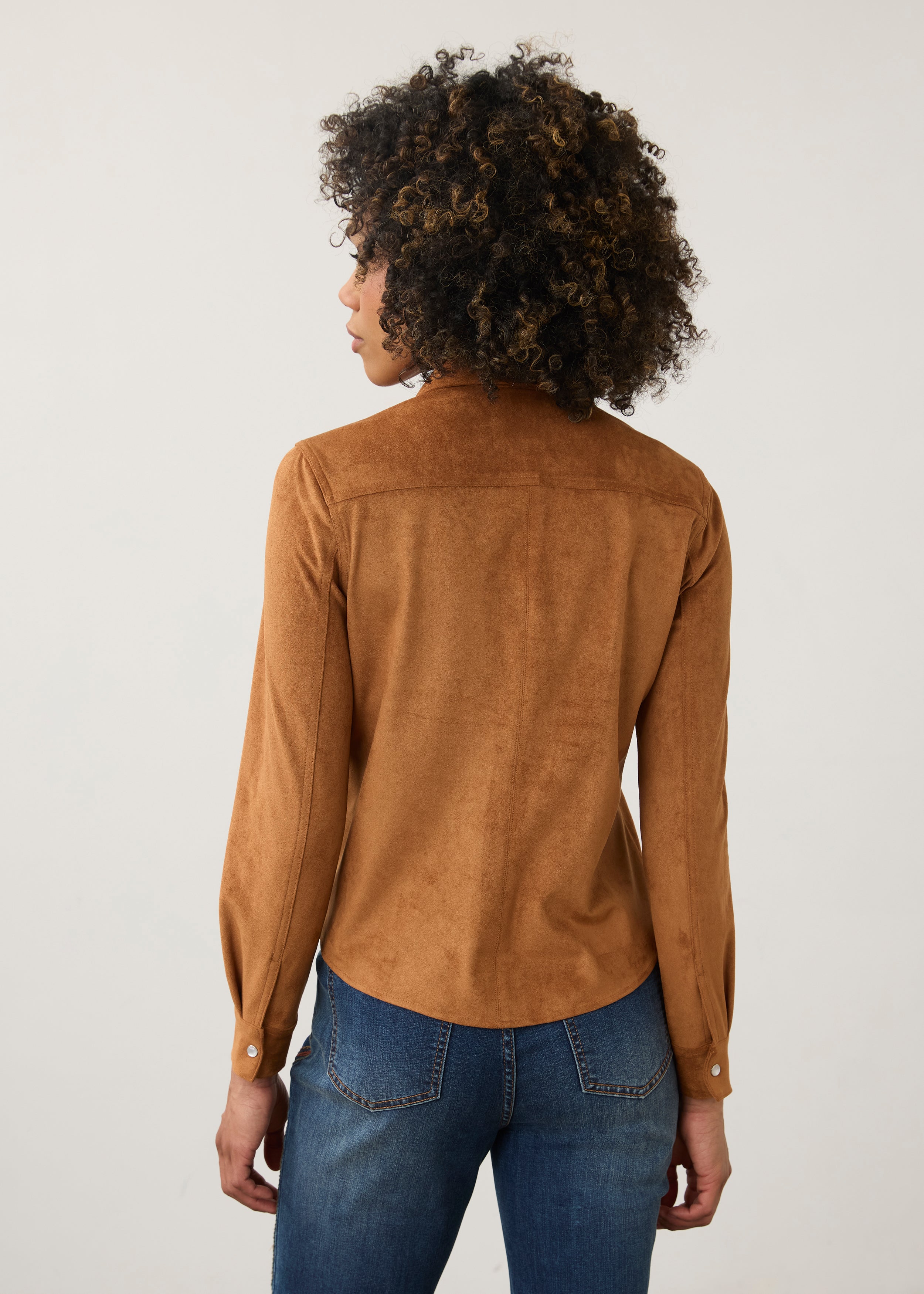 Back view of brown suede shirt showcasing smooth texture by French Dressing Jeans (FDJ)