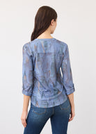 Back view of indigo Henley top displaying geometric print and relaxed fit by French Dressing Jeans (FDJ)