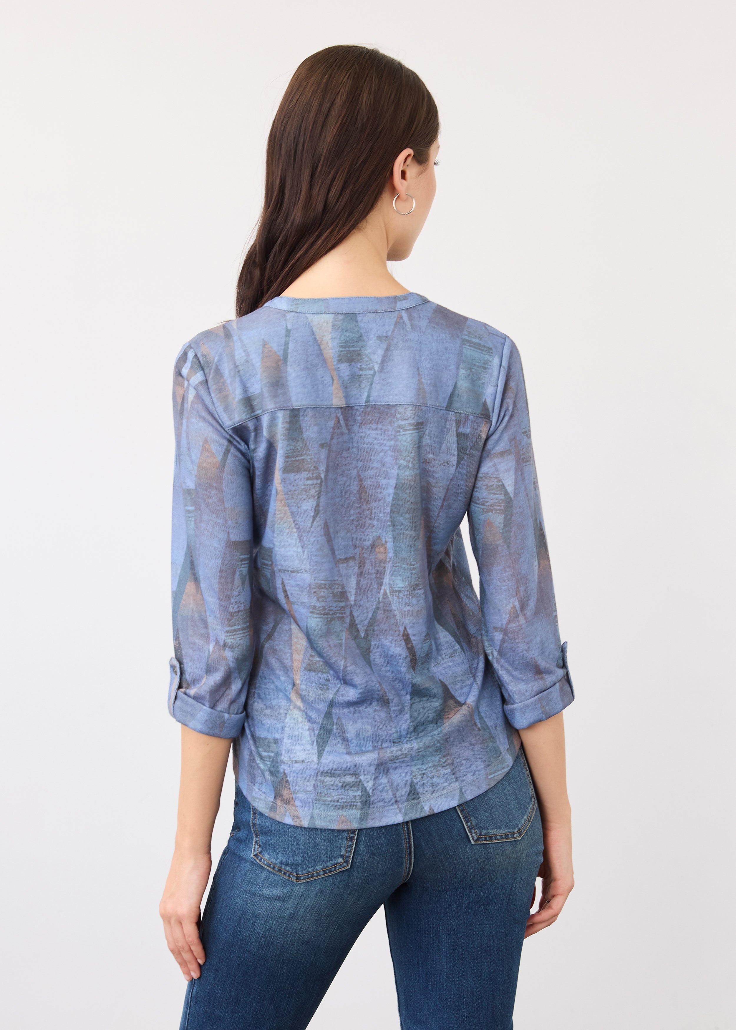 Back view of indigo Henley top displaying geometric print and relaxed fit by French Dressing Jeans (FDJ)